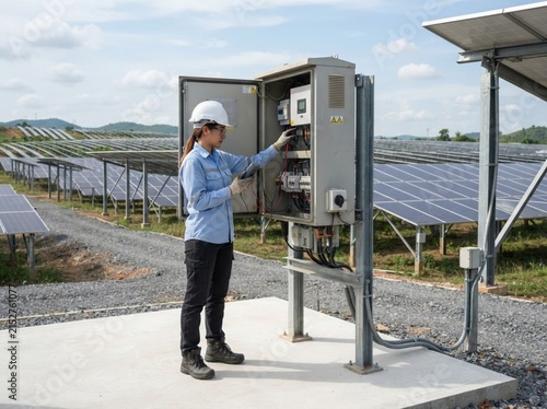 Female technician checks solar power control cabinet