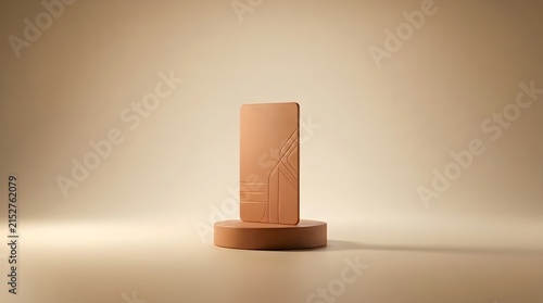 A premium vertical ceramic luxury payment card displayed on a wooden pedestal against a soft beige minimalist studio background setting