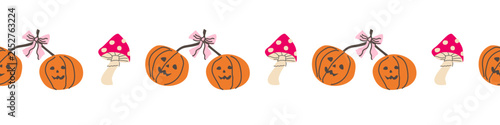Cute border with pumpkins, mushroom and knots. Coquette border with cute bows and elements. Hand drawn vector illustration in cartoon flat style.