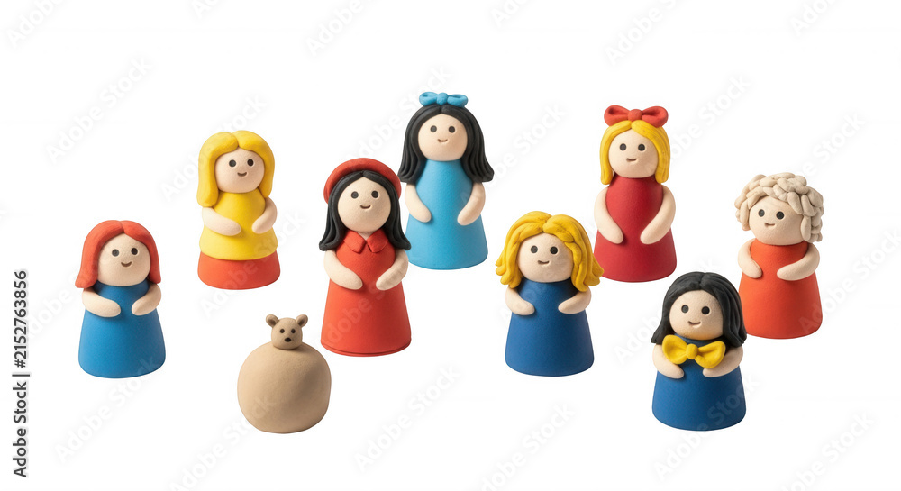 Fototapeta premium miniature clay figures of young women and a bear on a white background suggesting a fairytale theme for child?s play or educational resources