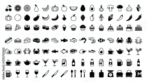 Minimalist black and white food and beverage icons set for branding and web design projects.