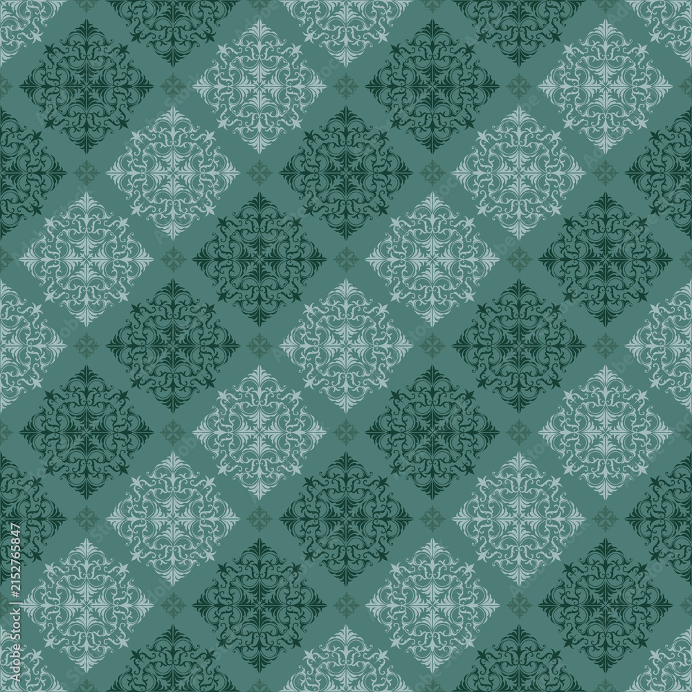 seamless floral pattern. Rich teal damask seamless pattern with sophisticated vintage ornamental motifs for decorative design.