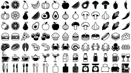 Minimalist black and white food and beverage icons set for branding and web design projects