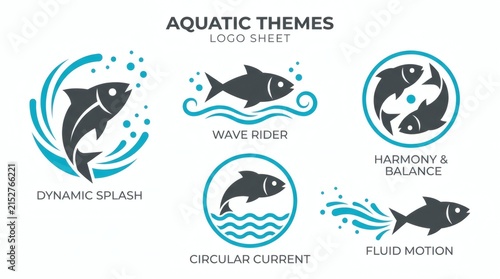 Modern aquatic logo concepts with dynamic fish and wave elements for branding projects.