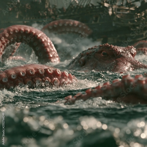 A dramatic cinematic scene featuring massive kraken tentacles emerging from turbulent sea waves to attack an old wooden sailing ship during a storm.