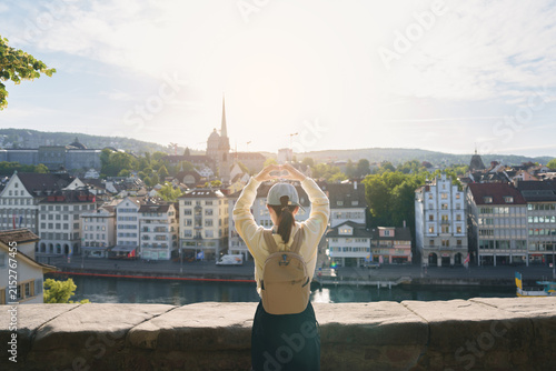 Bild auf Leinwand Woman Tourist Exploring Zurich, Switzerland in Summer
