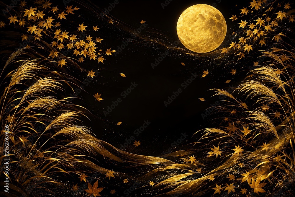 Naklejka premium 金色に輝く満月とススキ、紅葉を描いた幻想的な秋の和風フレーム背景｜Golden full moon over Japanese pampas grass and autumn maple leaves in an elegant mystical night landscape with a dark background and open space