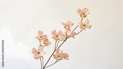 Branch of pale pink dogwood flowers against a soft white background.