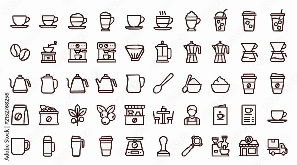 Fototapeta premium Comprehensive vector graphic icon set displaying various coffee brewing equipment and delicious hot beverage drink options
