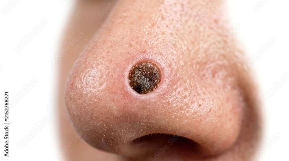 Fototapeta premium Extreme macro of black crusty verruca seborrheic keratosis lesion on human nose skin