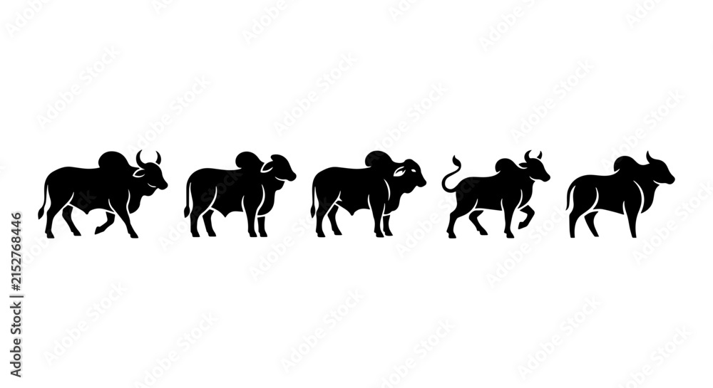 Fototapeta premium Silhouette Herd of Zebu Cattle, Farm Animals Collection, Livestock Vector Icons