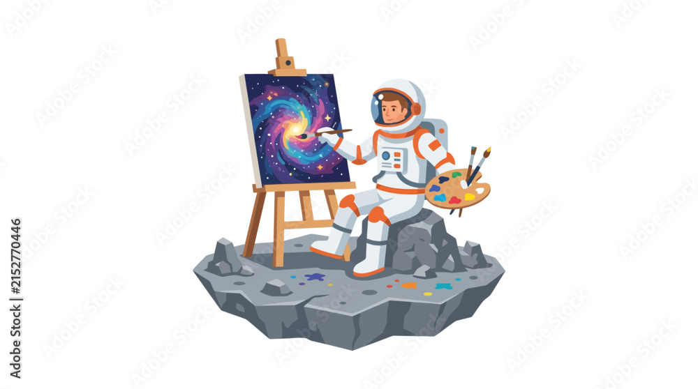 Fototapeta premium Creative astronaut painting a colorful galaxy on a canvas sitting on an asteroid isolated flat vector element