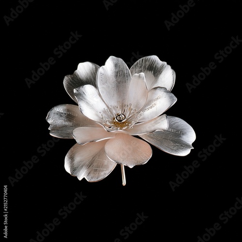 A breathtaking macro photograph of a silver metallic flower shaped botanical timepiece featuring intricate petal details against a solid black background.