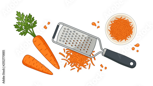 Cuadro en lienzo Grater with Fresh Carrots and Shredded Pieces on a White Background