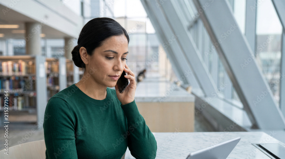 Fototapeta premium Professional woman in a green sweater talking on her smartphone while working on a laptop in a modern, bright library setting