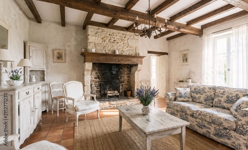 Rustic French Country Living Room with Stone Fireplace