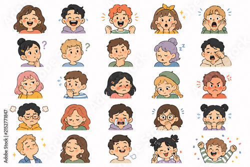25 Modern Color Editorial Doodle Facial Expressions and Human Emotions Collection .Generative AI