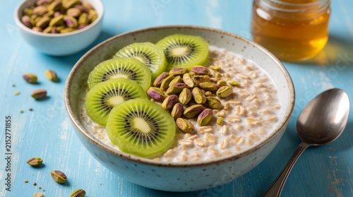 Healthy breakfast cereal bowl with kiwi slices pistachios honey and oats on wooden table