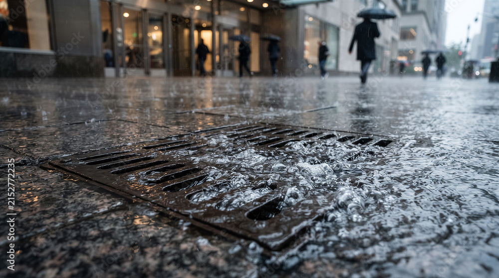 Fototapeta premium Rainy day in the city with people walking on the sidewalk and water flowing into a storm drain grate on a wet street