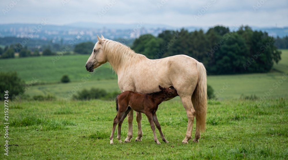 Obraz premium Palomino mare nurses her dark bay foal in a lush green pasture
