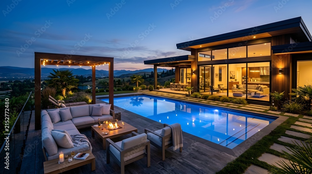 Fototapeta premium Luxury modern house with pool and fire pit at sunset