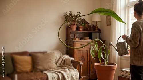PlantCare-GreenBeigeBrown-LeafCeramic-HomeAdvertising-NaturalInteriorBackground