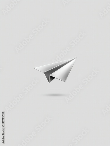 A minimalist 3D icon of a light gray origami paper airplane with a matte finish, floating against a plain background, ideal for communication and business concepts.