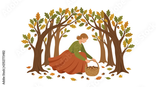 Woman in a long skirt gathering acorns into a wicker basket in an autumn oak forest flat vector element