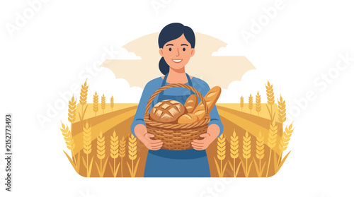 Happy female baker holding a wicker basket of fresh bread in a golden wheat field flat vector illustration