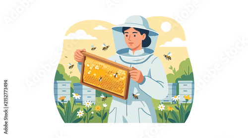 Professional female beekeeper in protective suit holding wooden honeycomb frame at organic apiary flat vector element