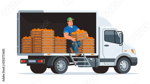 Professional delivery worker loading wooden crates of fresh oranges into a white truck flat vector illustration.