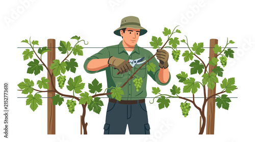 Professional male gardener pruning green grapevines with hand shears in a vineyard flat vector element