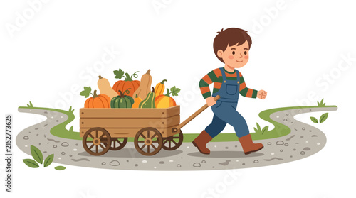 Happy young boy pulling a wooden wagon full of pumpkins during autumn harvest flat vector element.