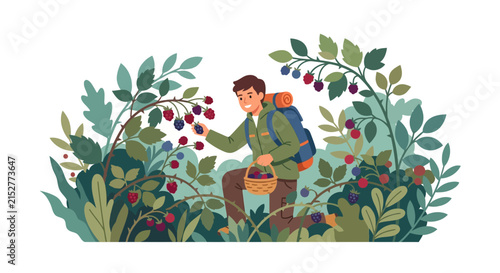 Young hiker with a backpack picking fresh wild berries in the forest flat vector element.