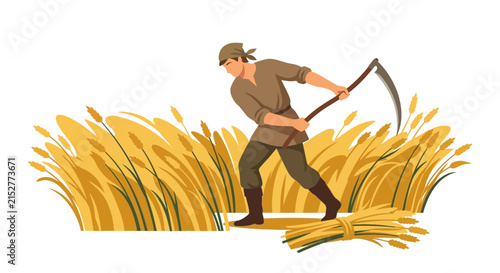 Young peasant man swinging traditional scythe to harvest golden wheat in agricultural field flat vector illustration.