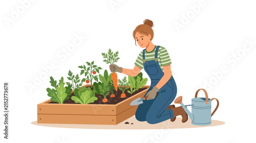 Young woman gardener harvesting fresh organic vegetables from raised garden bed flat vector element.