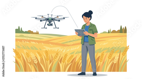 Young female agronomist operating professional agriculture drone over golden wheat field flat vector element