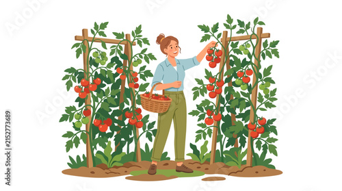 Cheerful young woman harvesting ripe red tomatoes in organic garden flat vector illustration.