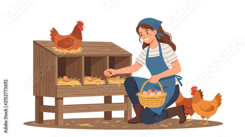 Happy female farmer collecting fresh organic eggs from wooden chicken coop flat vector illustration