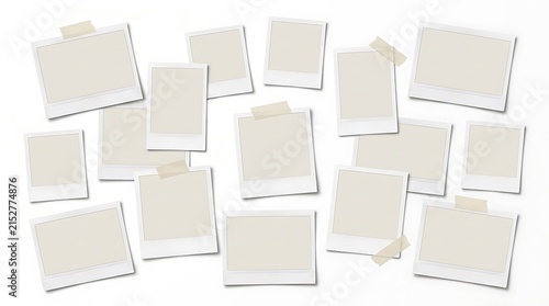 Set of blank instant photo frames with adhesive tape pieces arranged in a creative collage for displaying memories