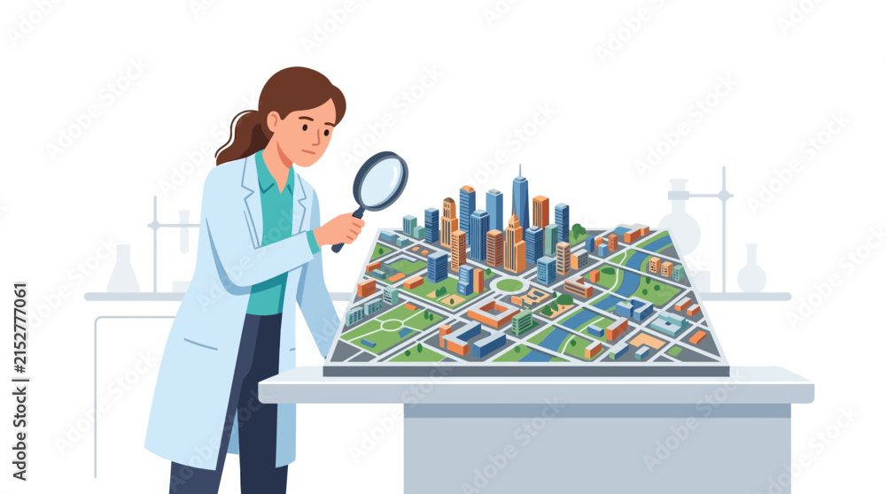 Obraz premium Female scientist examining miniature 3D city model with magnifying glass for urban planning flat vector element.