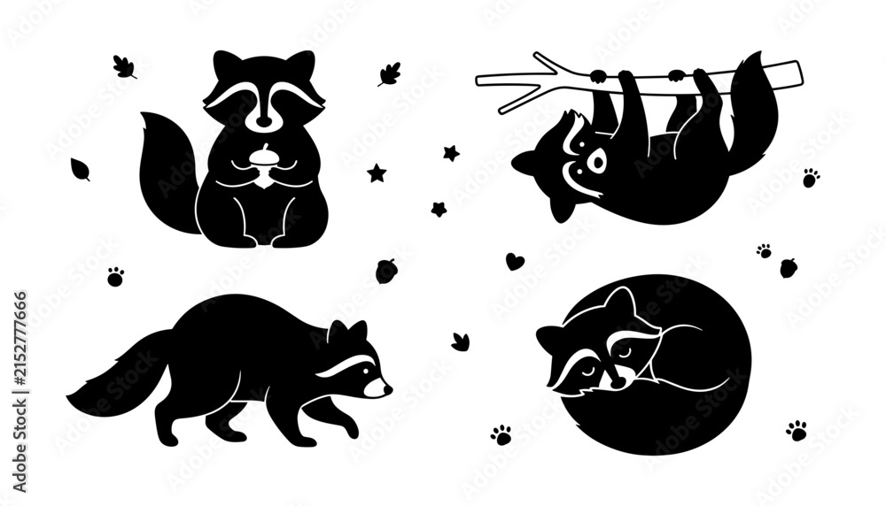 Obraz premium Woodland Animal Silhouette Set Featuring Raccoons, Sloth, Forest Creatures, Nature Elements, Paw Prints, and Cute Wildlife Illustrations