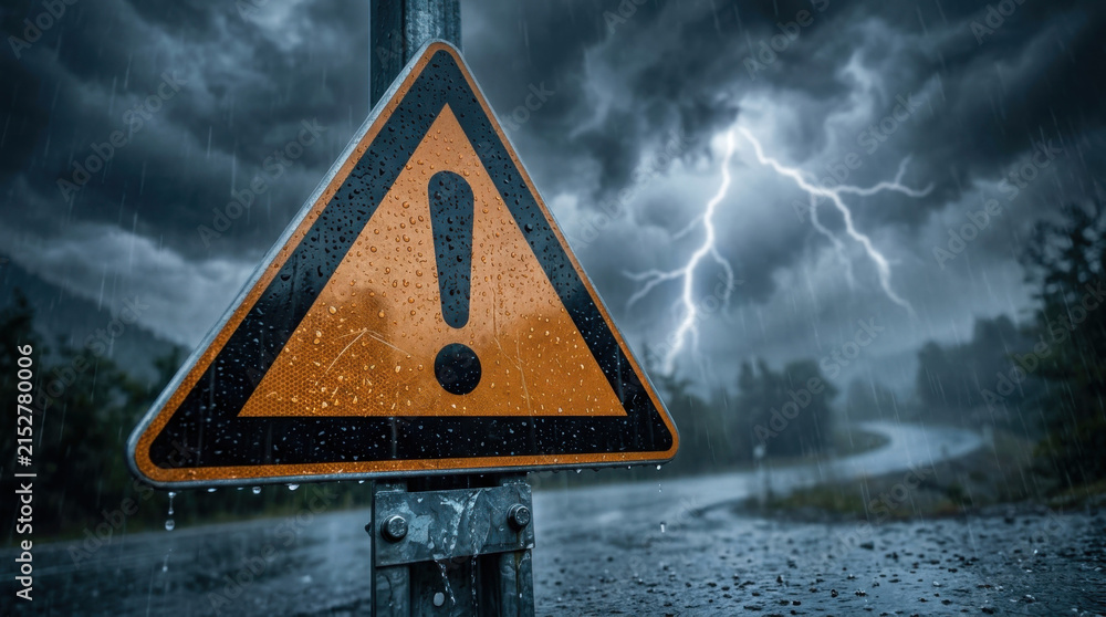 Fototapeta premium Severe weather warning sign on wet highway during dramatic thunderstorm with lightning strike representing danger and driving hazard