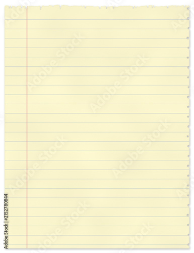 Photography Torn yellow legal pad paper with ripped top edge, ruled note page on transparent