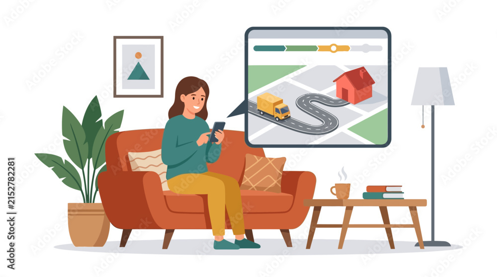 Fototapeta premium Young woman tracking package delivery on smartphone from living room sofa flat vector illustration