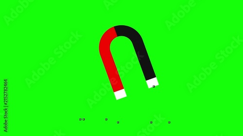 Red and black horseshoe magnet graphic on a solid green background with white tips, depicting magnetism, physics, and attraction in a minimalist 2D digital illustration style.
