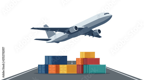 Heavy cargo airplane taking off over colorful shipping containers for global logistics and trade flat vector element