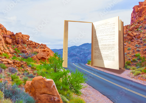 фотографія Open book with a road representing knowledge as a journey and the power of readi
