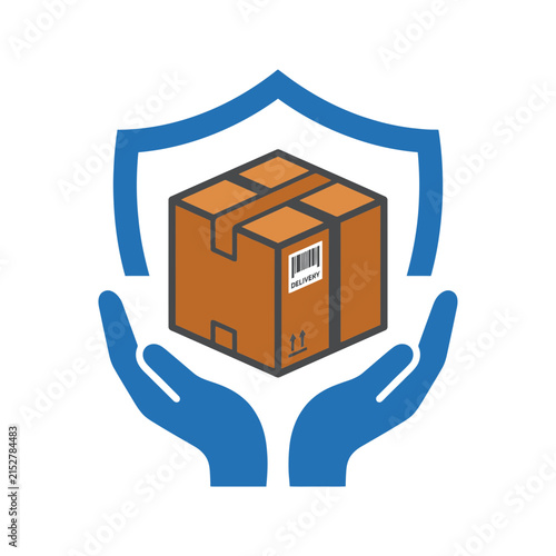 Secure delivery and shipping insurance concept with package box, protective shield, and hands