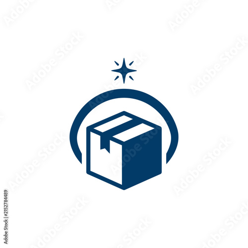 Minimalist Blue Delivery Box Logo Icon with Orbit and Star Symbol for Logistics Service